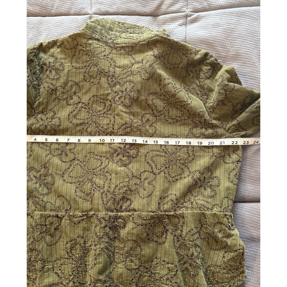 VTG Flax Shirt Dress‎ MED Green Corduroy Floral Embroidery 100% Cotton Lagenlook - Picture 11 of 14